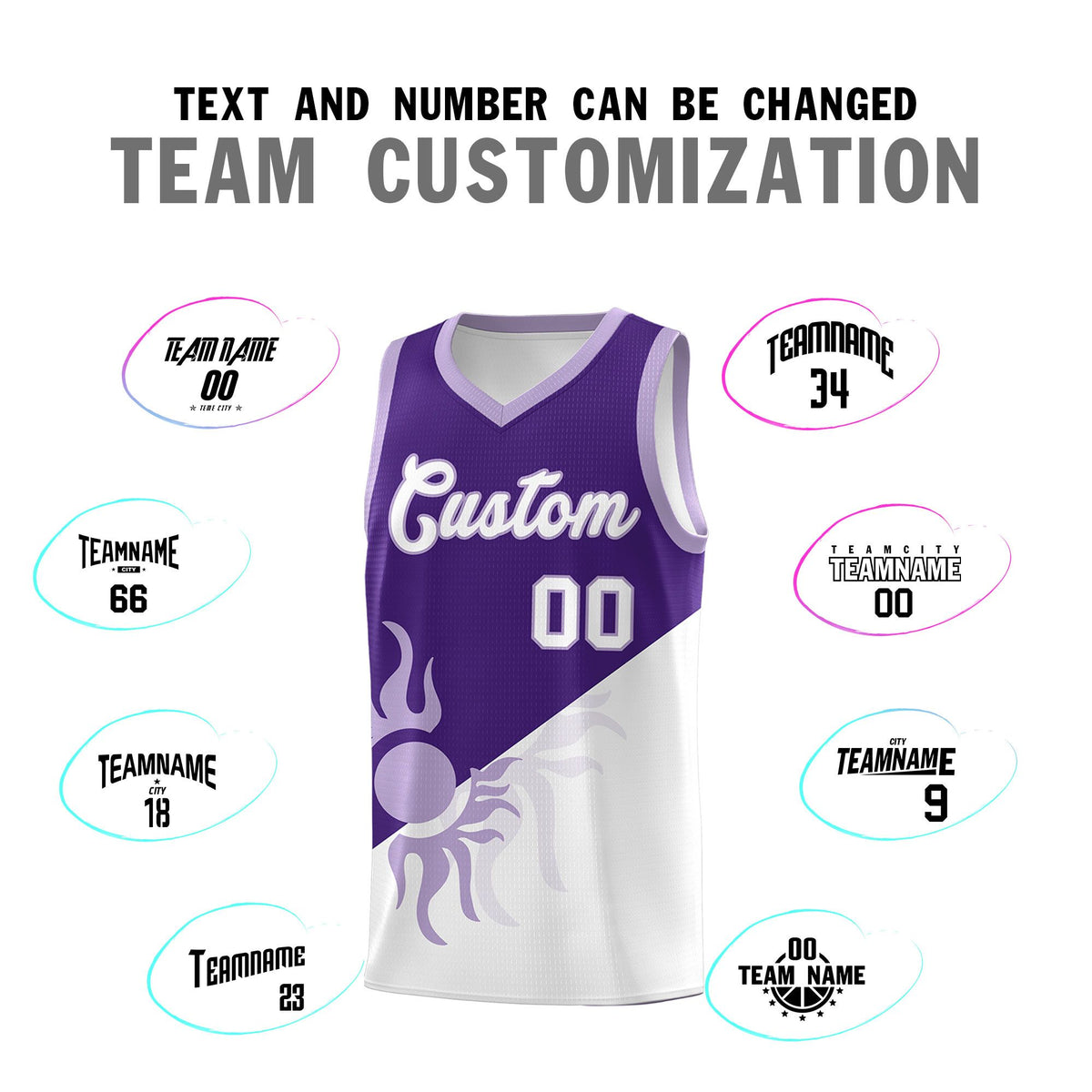 Custom Youth Basketball Jerseys - Purple White Sunburst Design Two Tone Uniforms
