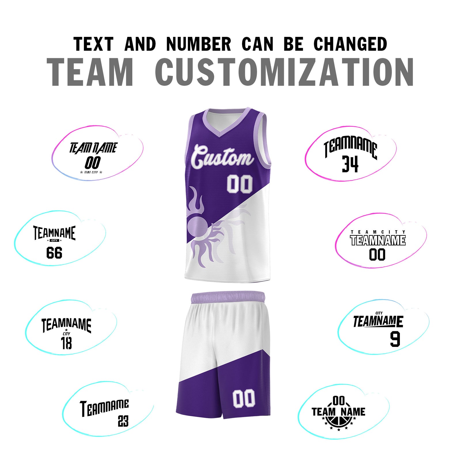 Custom Youth Basketball Jerseys - Purple White Sunburst Design Two Tone Uniforms