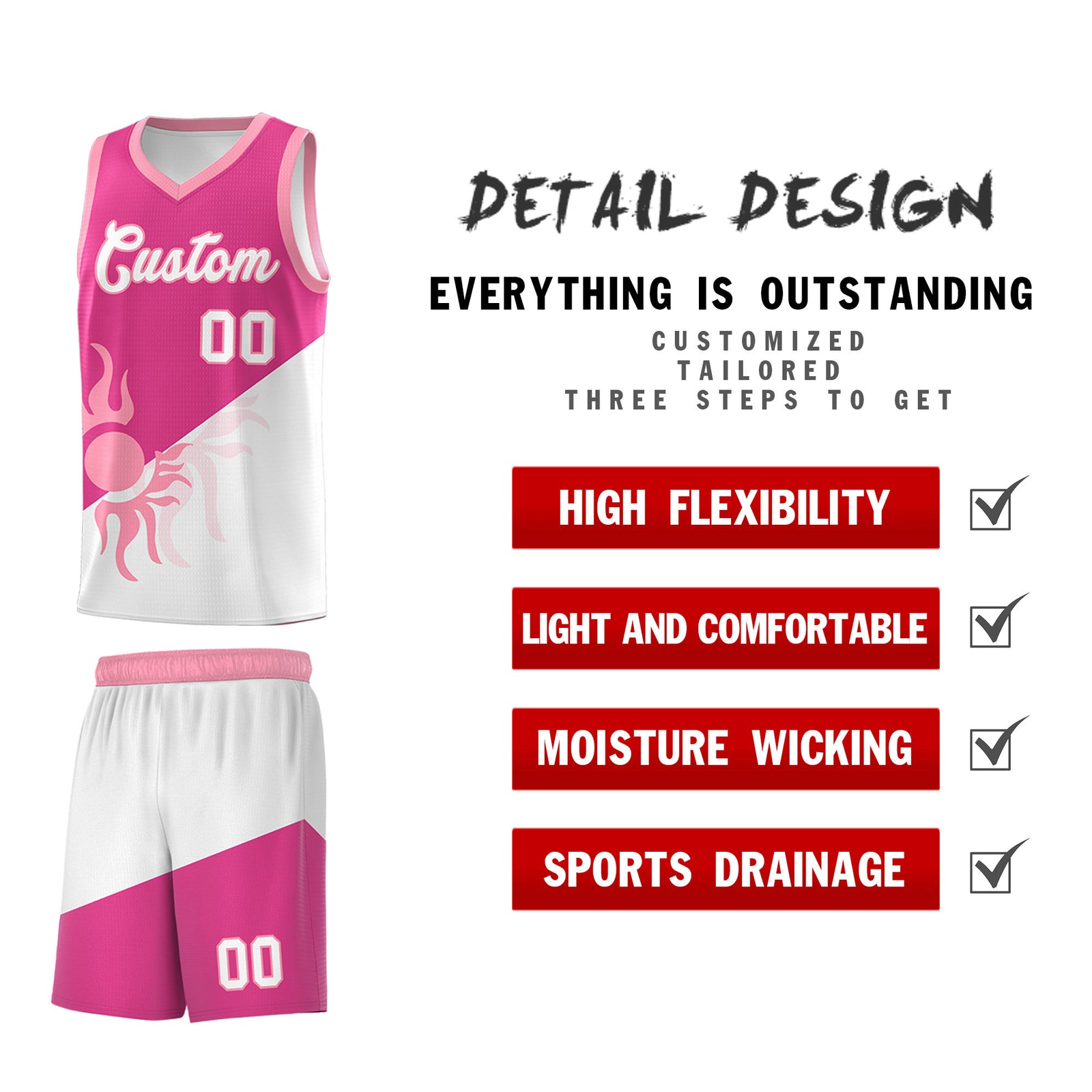Custom Youth Basketball Jerseys - Rose Red White Radiant Sun Design Two Tone Uniforms