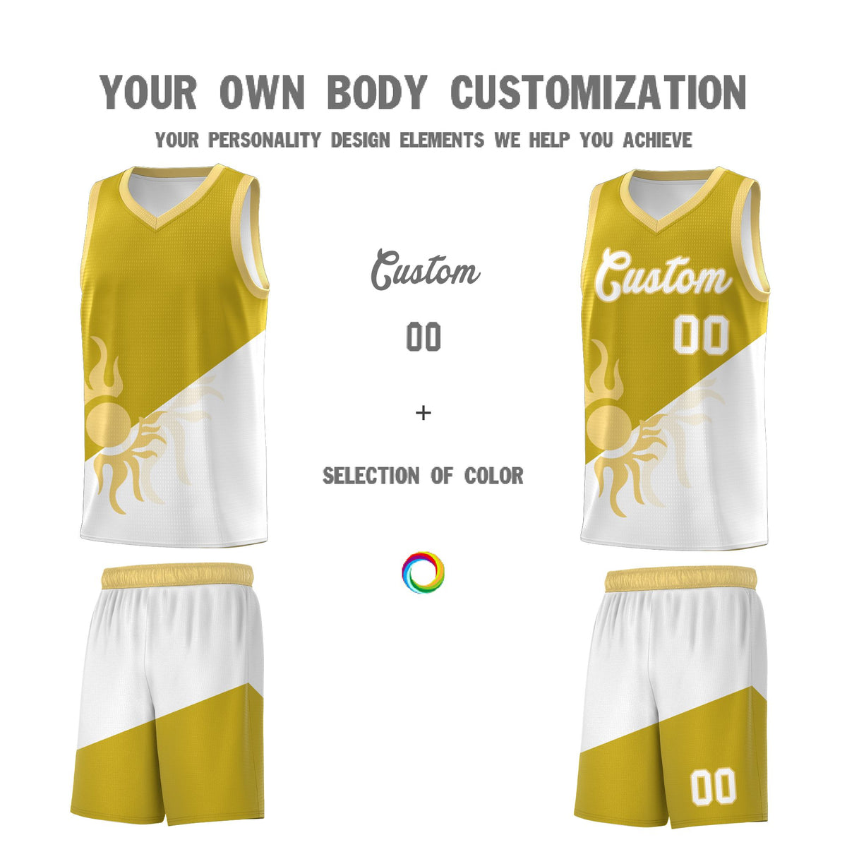 Custom Youth Basketball Jerseys - Old Gold White Radiant Sun Design Two Tone Uniforms