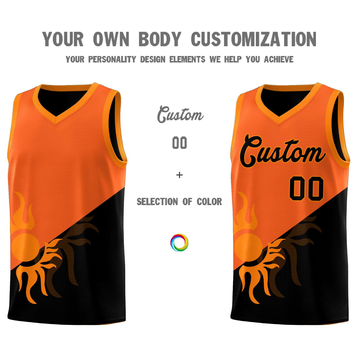 Custom Youth Basketball Jerseys - Orange Black Radiant Sun Design Two Tone Uniforms