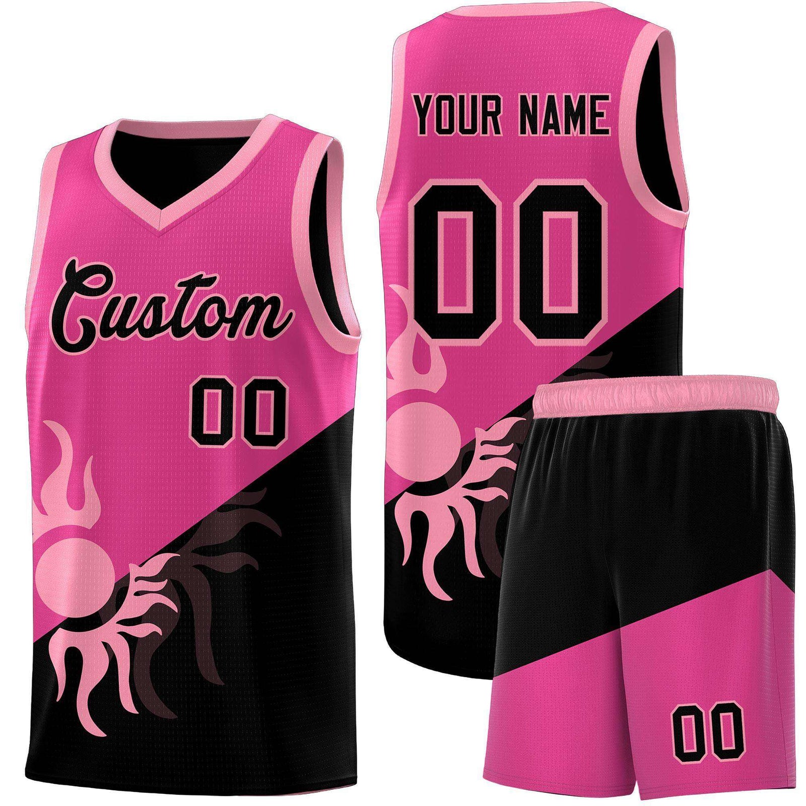 Custom Youth Basketball Jerseys - Rose Red Black Radiant Sun Design Two Tone Uniforms