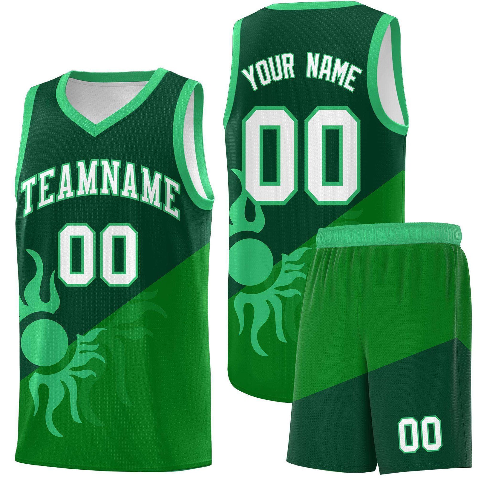 Custom Youth Basketball Jerseys - Kelly Green Kelly Green Sunburst Design Two Tone Uniforms