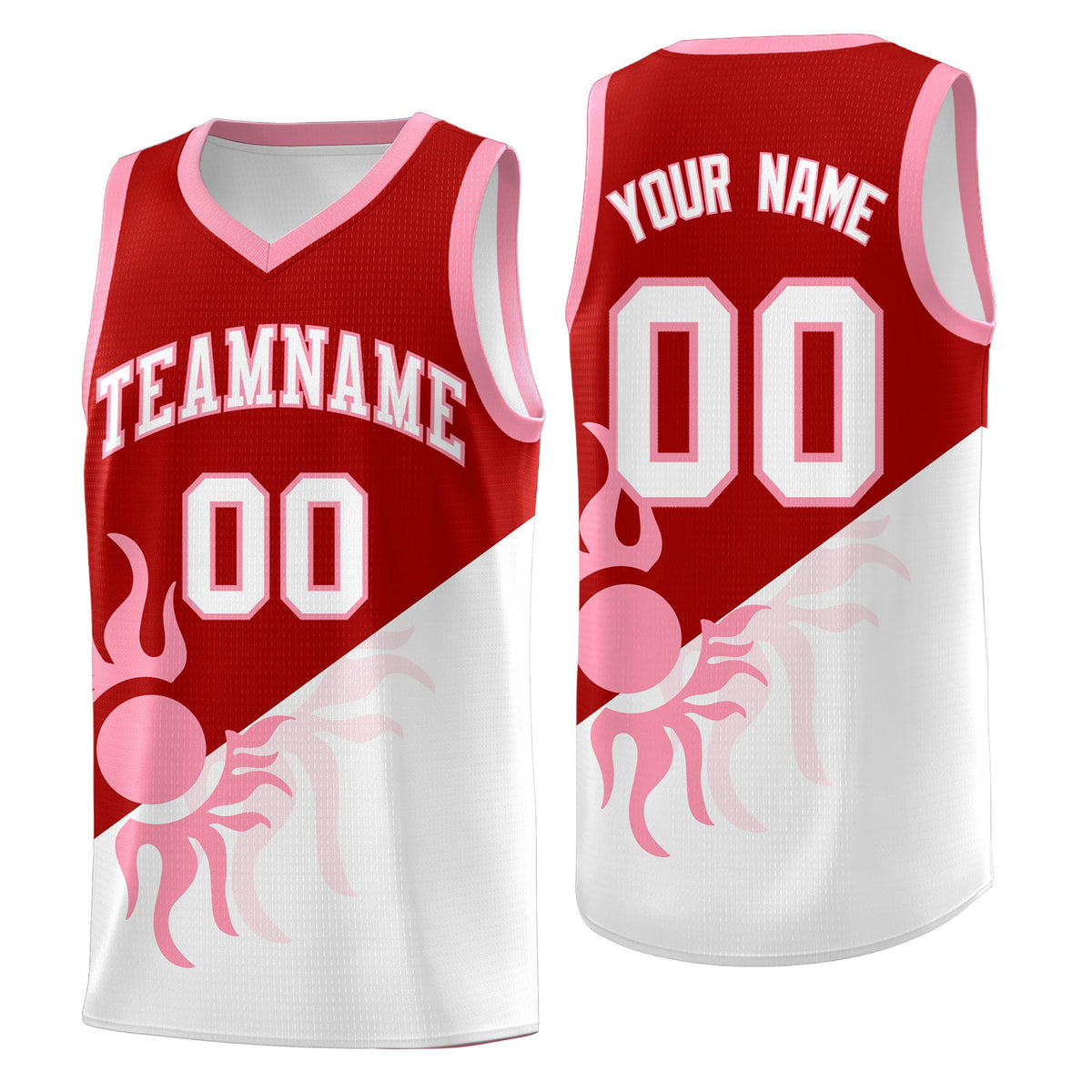 Custom Youth Basketball Jerseys - Red White Sunburst Design Two Tone Uniforms