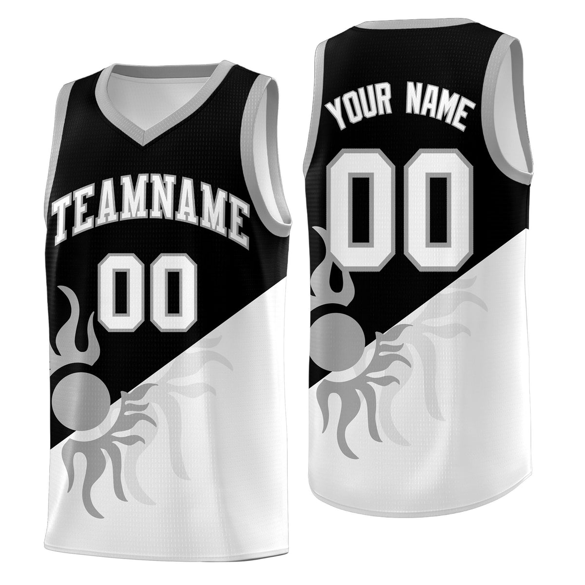 Custom Youth Basketball Jerseys - Black White Radiant Sun Design Two Tone Uniforms