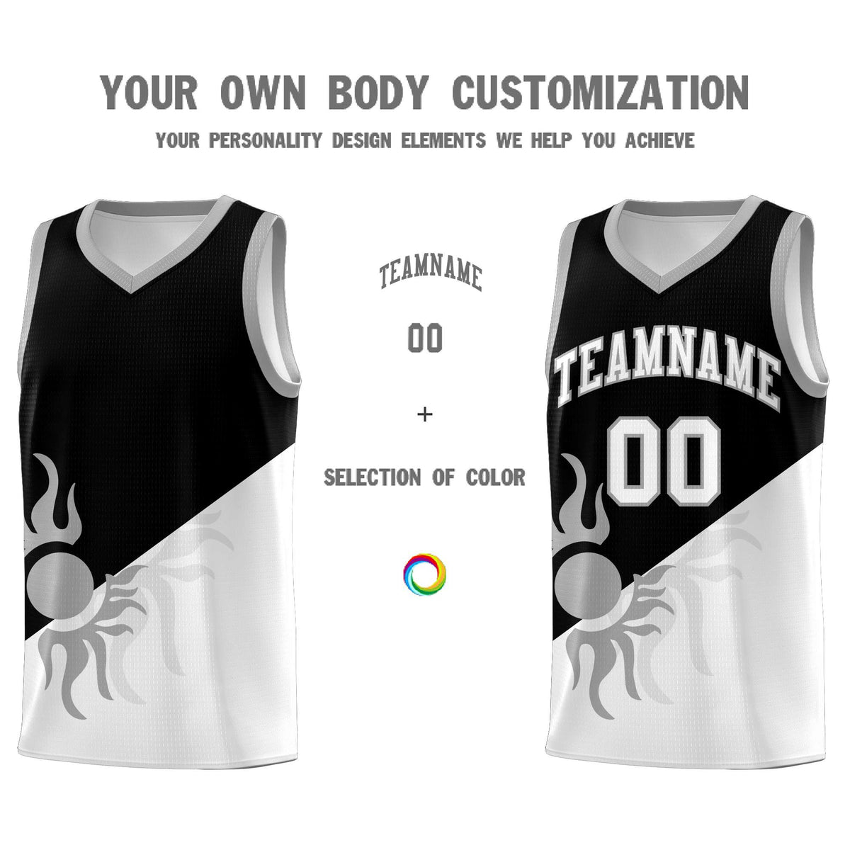 Custom Youth Basketball Jerseys - Black White Radiant Sun Design Two Tone Uniforms