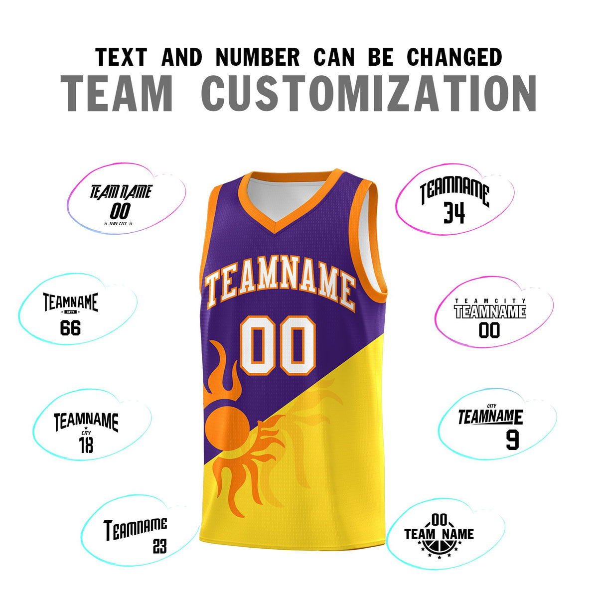 Custom Youth Basketball Jerseys - Purple Gold Radiant Sun Design Two Tone Uniforms