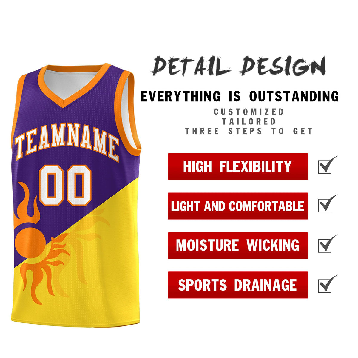Custom Youth Basketball Jerseys - Purple Gold Radiant Sun Design Two Tone Uniforms