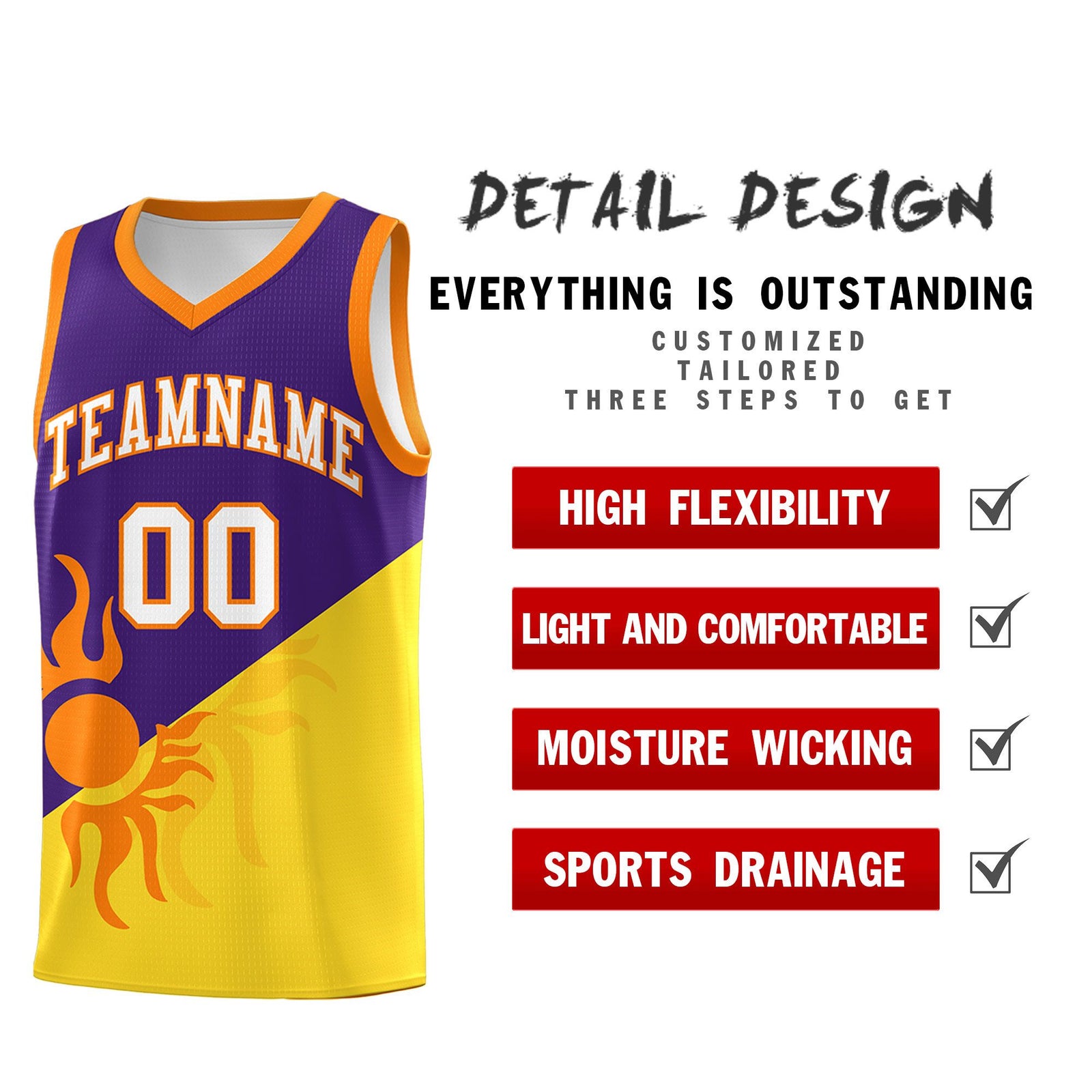 Custom Youth Basketball Jerseys - Purple Gold Radiant Sun Design Two Tone Uniforms