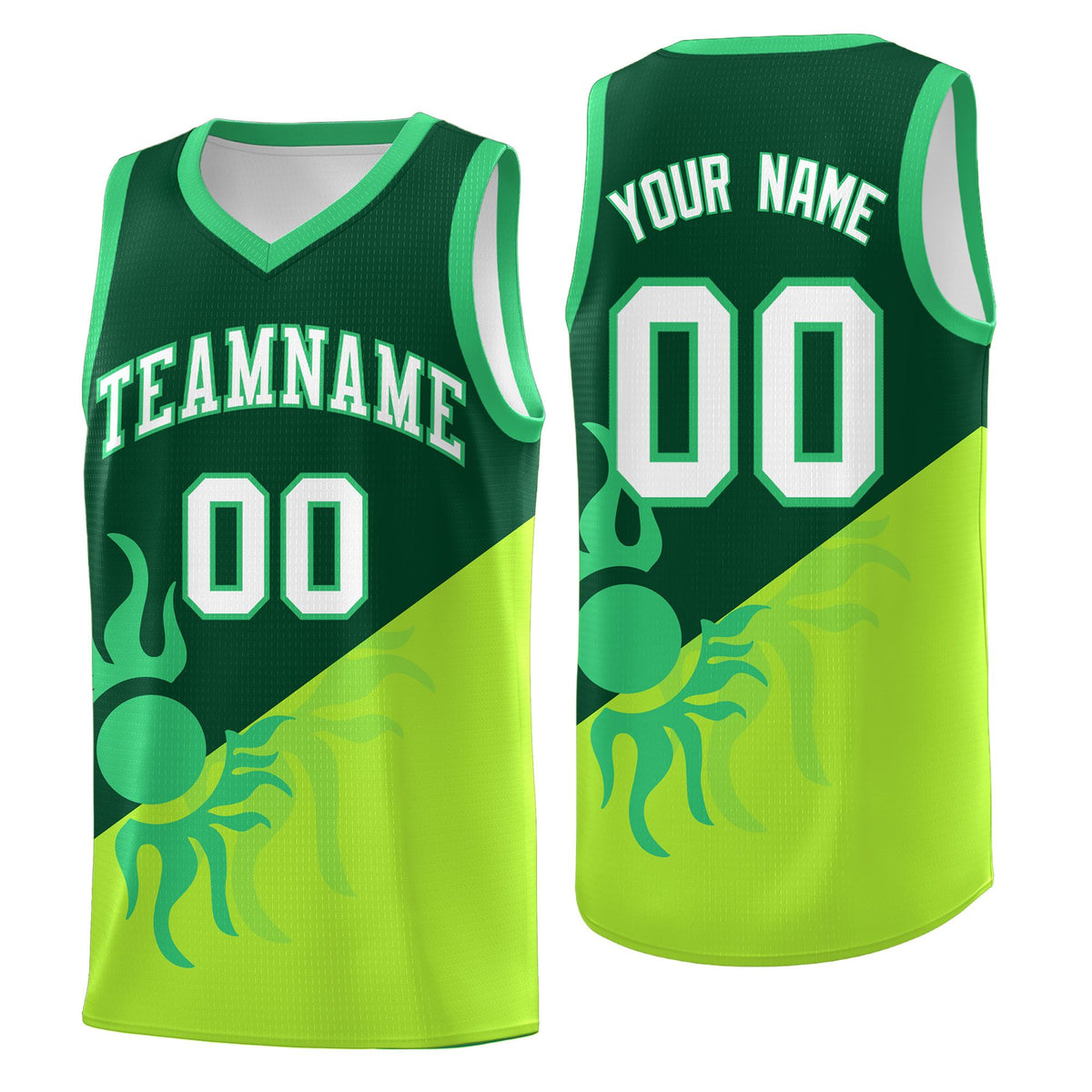 Custom Youth Basketball Jerseys - Kelly Green Neon Green Radiant Sun Design Two Tone Uniforms