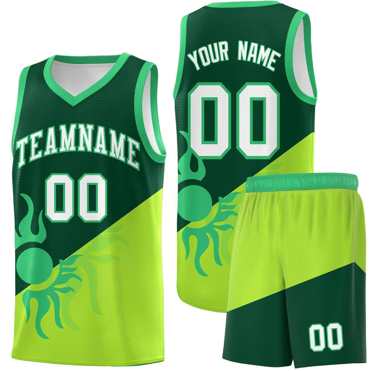 Custom Youth Basketball Jerseys - Kelly Green Neon Green Radiant Sun Design Two Tone Uniforms