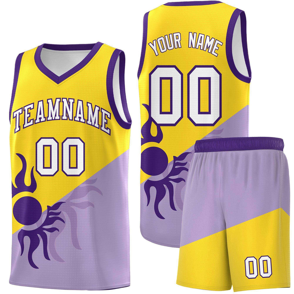 Custom Youth Basketball Jerseys - Light Purple Gold Sunburst Design Two Tone Uniforms