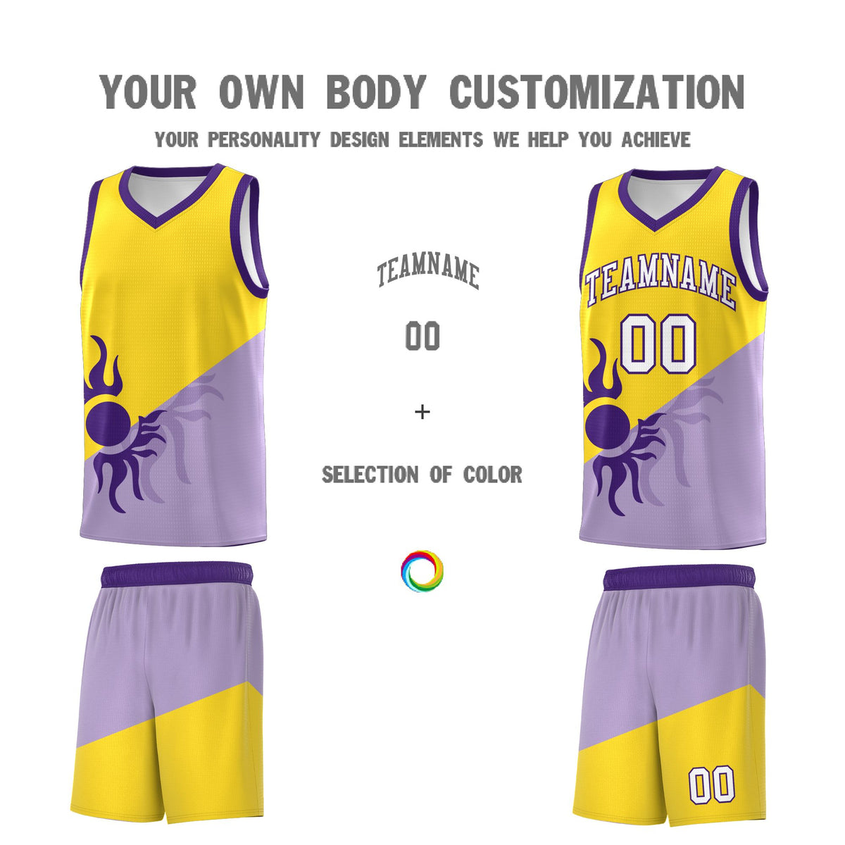 Custom Youth Basketball Jerseys - Light Purple Gold Sunburst Design Two Tone Uniforms