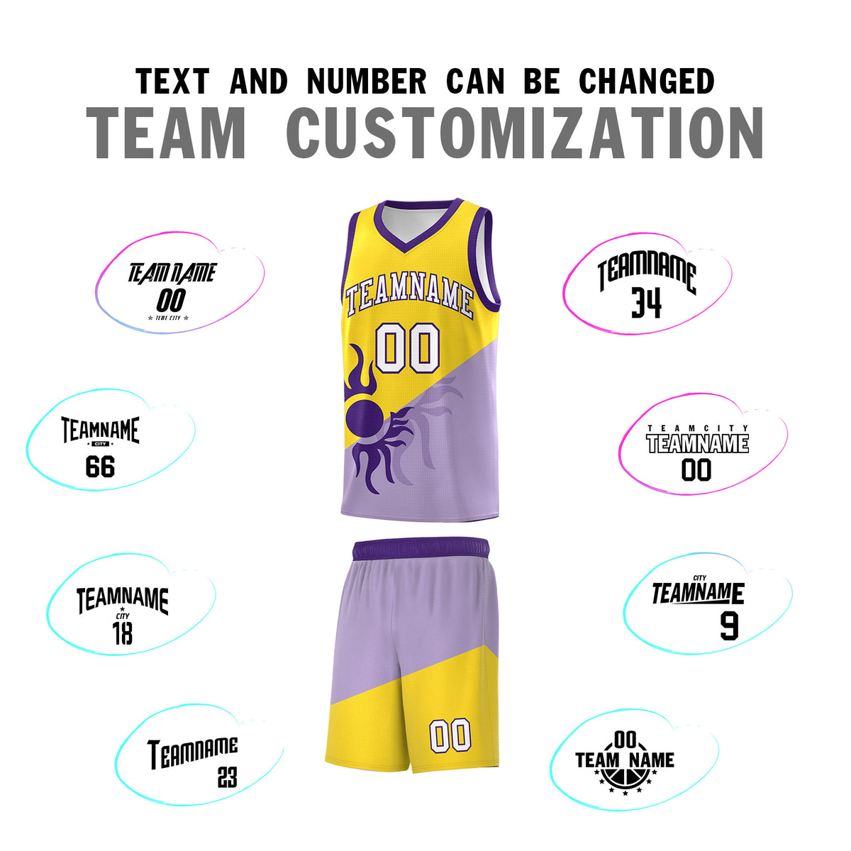 Custom Youth Basketball Jerseys - Light Purple Gold Sunburst Design Two Tone Uniforms