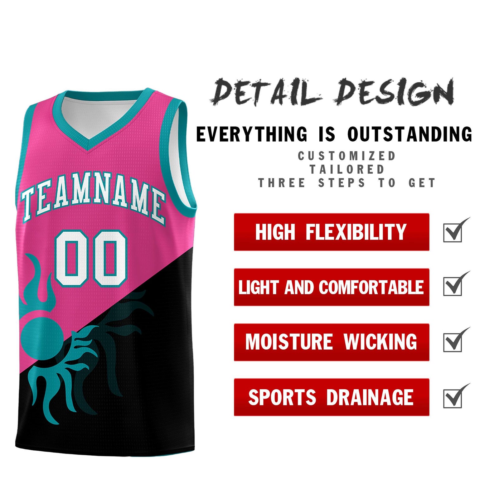 Custom Youth Basketball Jerseys - Rose Red Black Sunburst Design Two Tone Uniforms