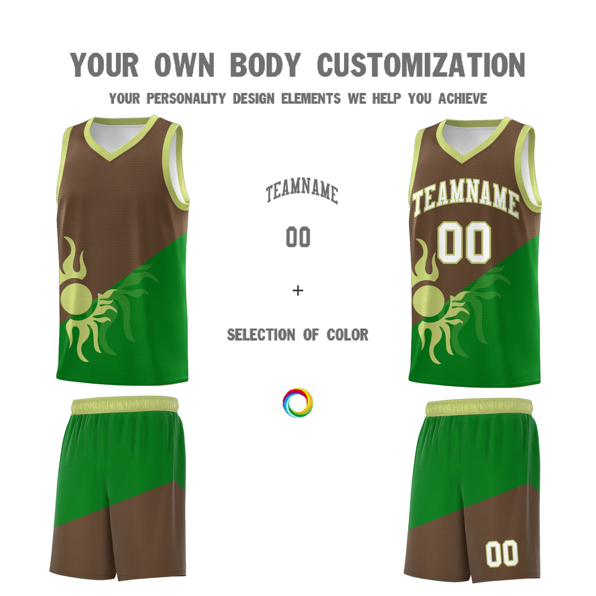 Custom Youth Basketball Jerseys - Kelly Green Light Brown Sunburst Design Two Tone Uniforms