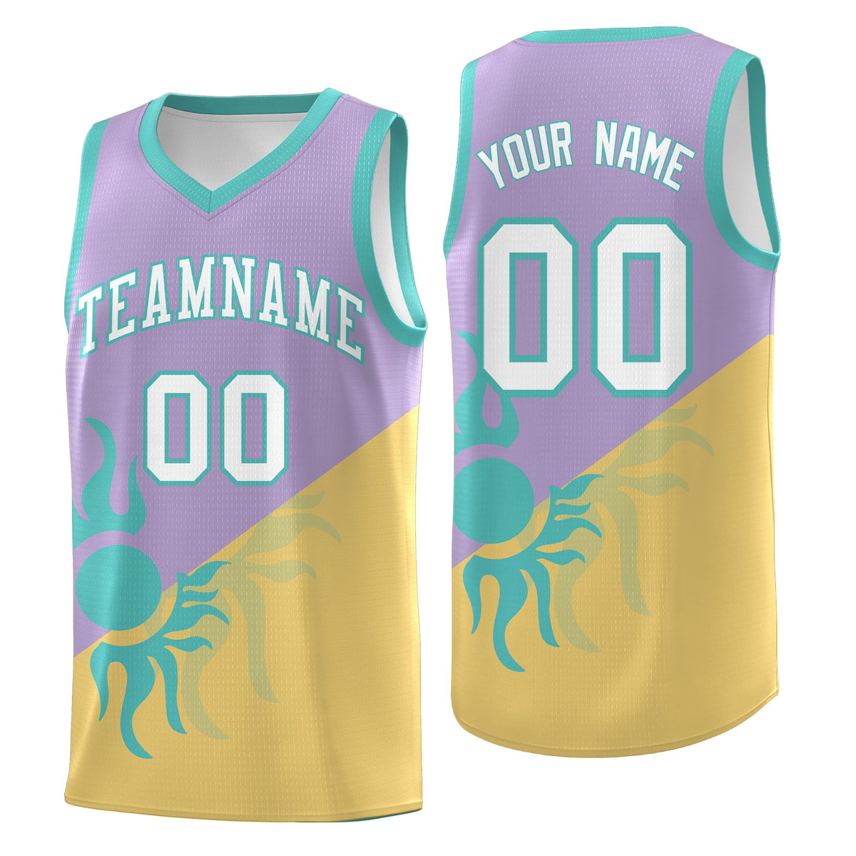 Custom Youth Basketball Jerseys - Light Purple Old Gold Radiant Sun Design Two Tone Uniforms