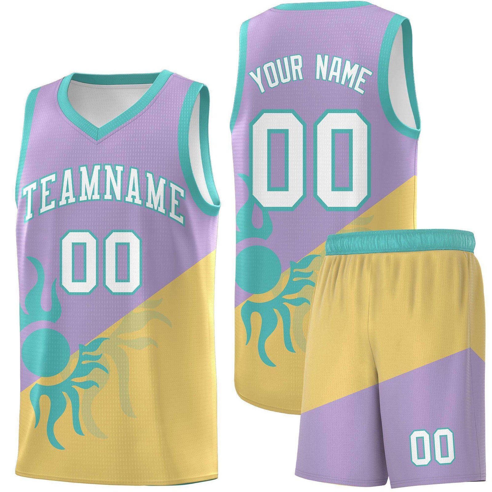 Custom Youth Basketball Jerseys - Light Purple Old Gold Radiant Sun Design Two Tone Uniforms