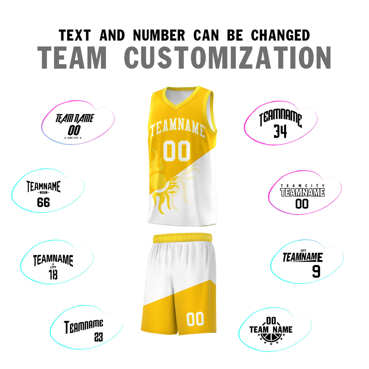 Custom Youth Basketball Jerseys - Yellow White Sunburst Design Two Tone Uniforms