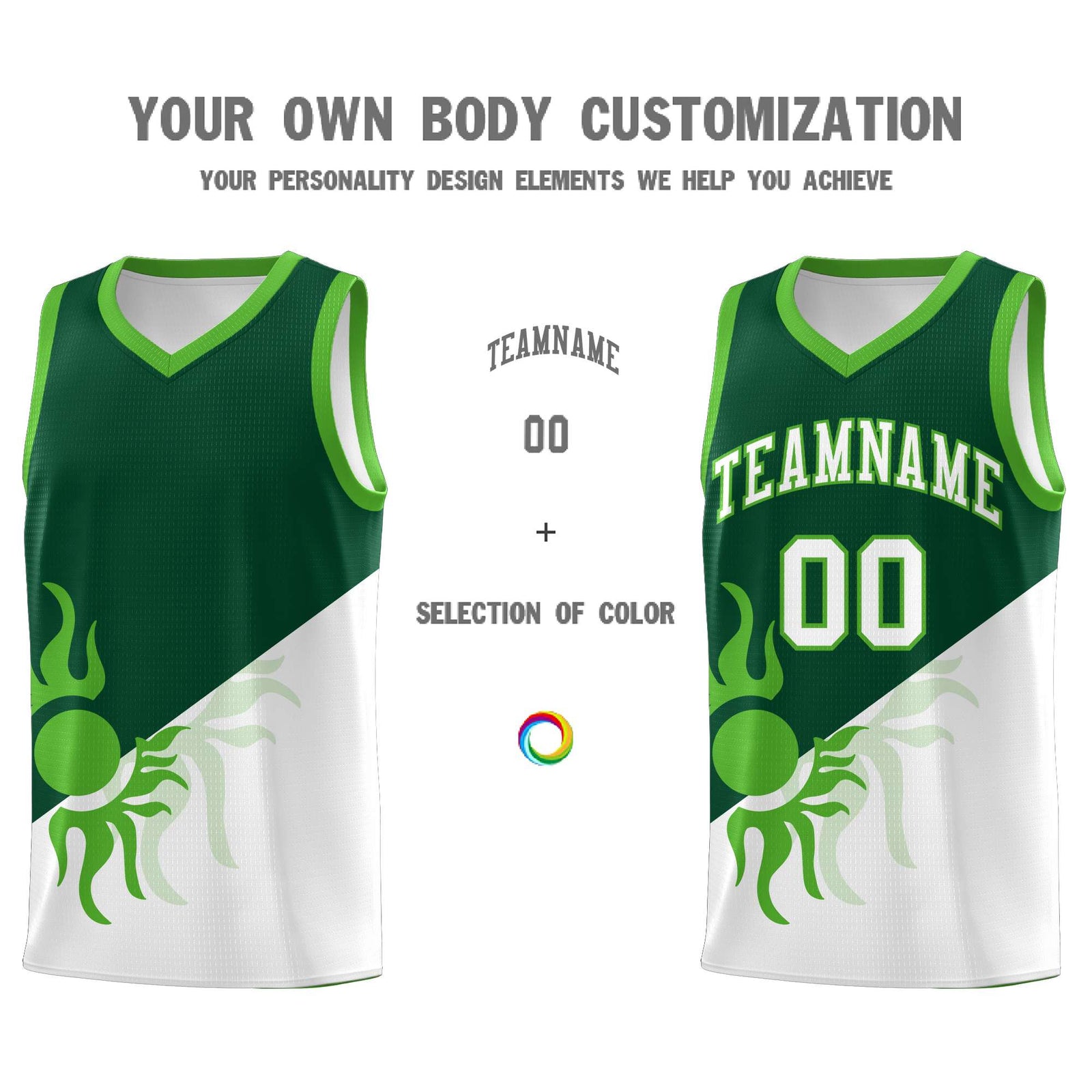 Custom Youth Basketball Jerseys - Kelly Green White Radiant Sun Design Two Tone Uniforms