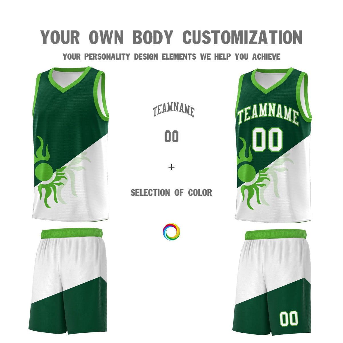 Custom Youth Basketball Jerseys - Kelly Green White Radiant Sun Design Two Tone Uniforms