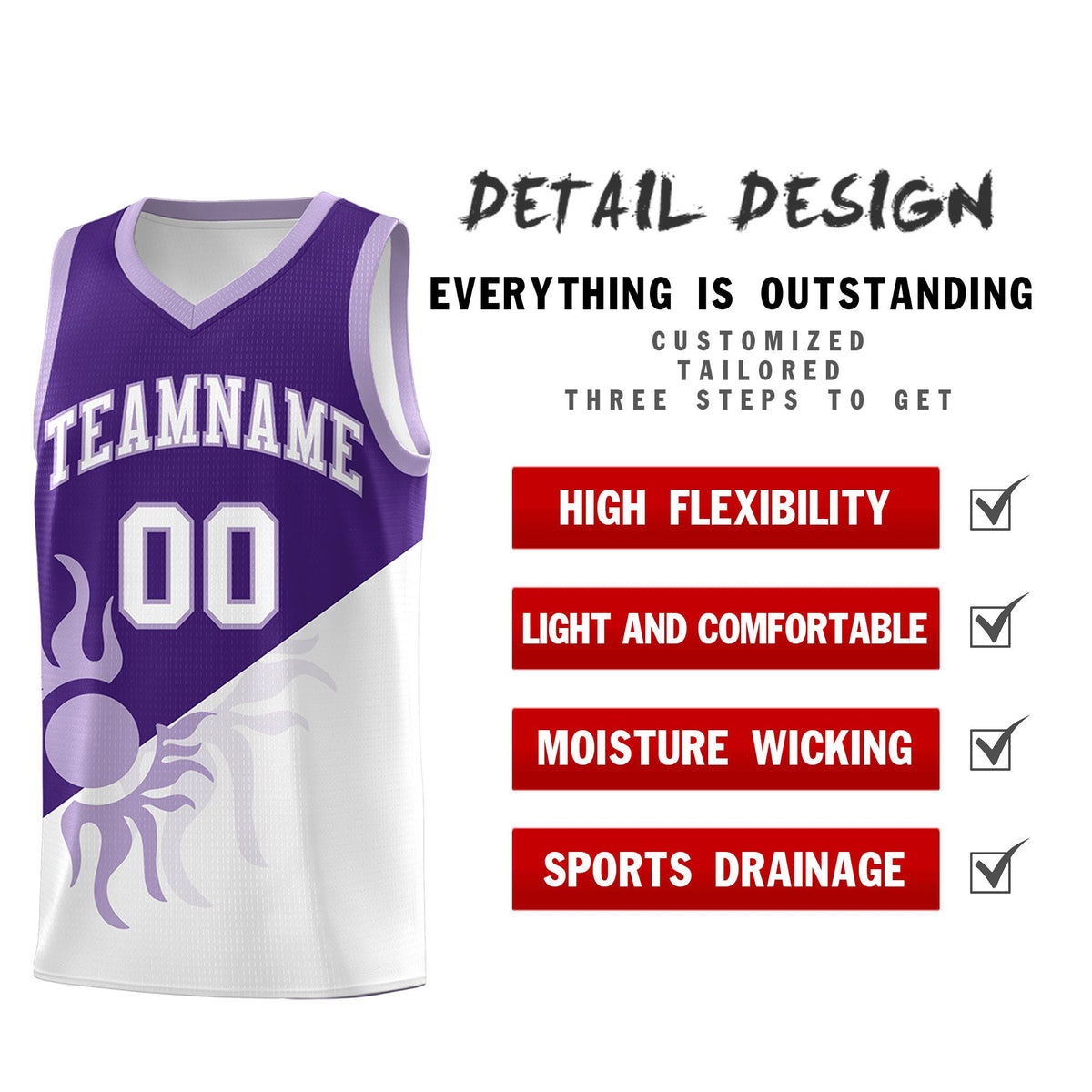 Custom Youth Basketball Jerseys - Purple White Sunburst Design Two Tone Uniforms