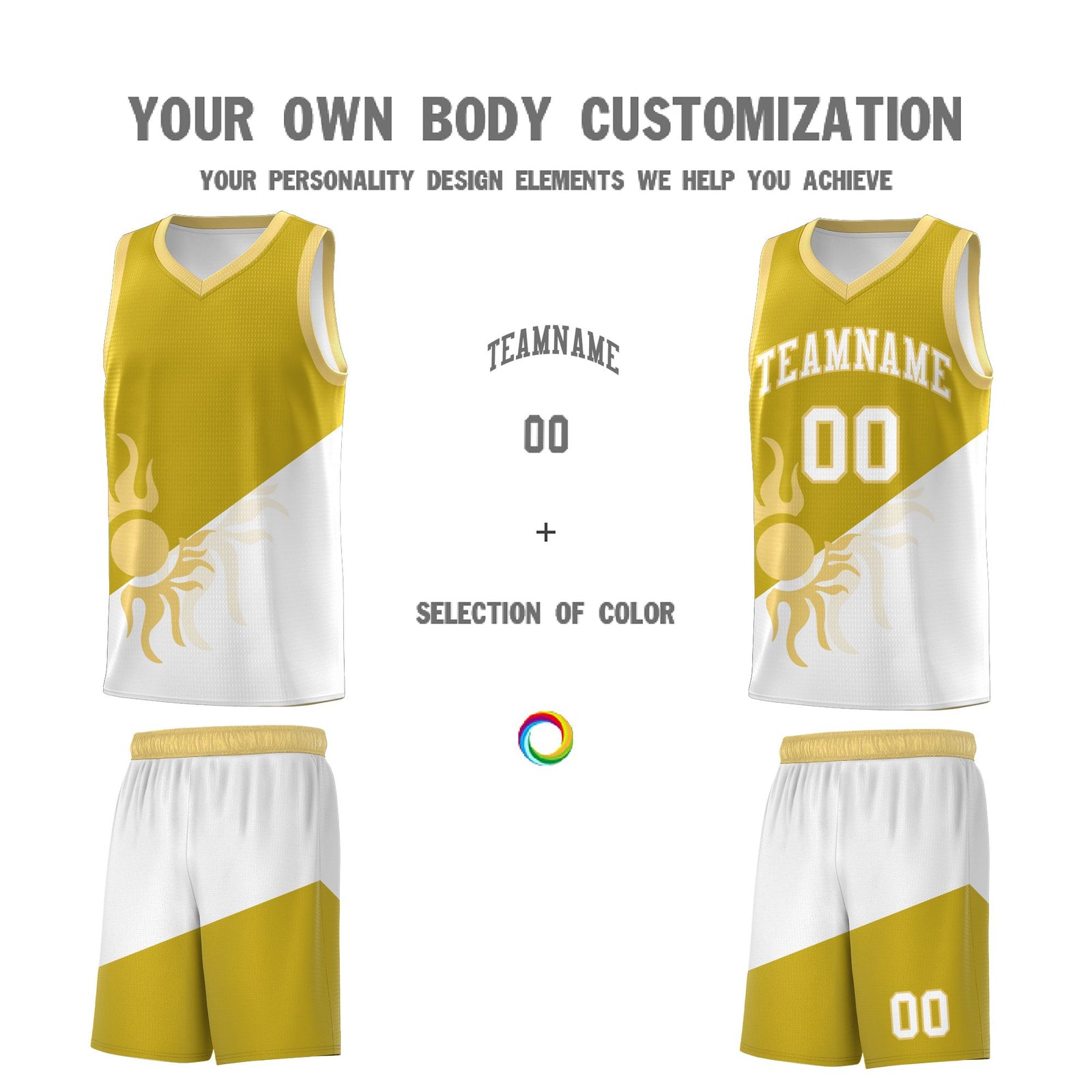 Custom Youth Basketball Jerseys - Old Gold White Radiant Sun Design Two Tone Uniforms