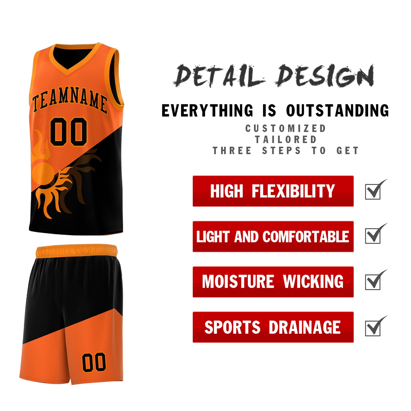 Custom Youth Basketball Jerseys - Orange Black Radiant Sun Design Two Tone Uniforms
