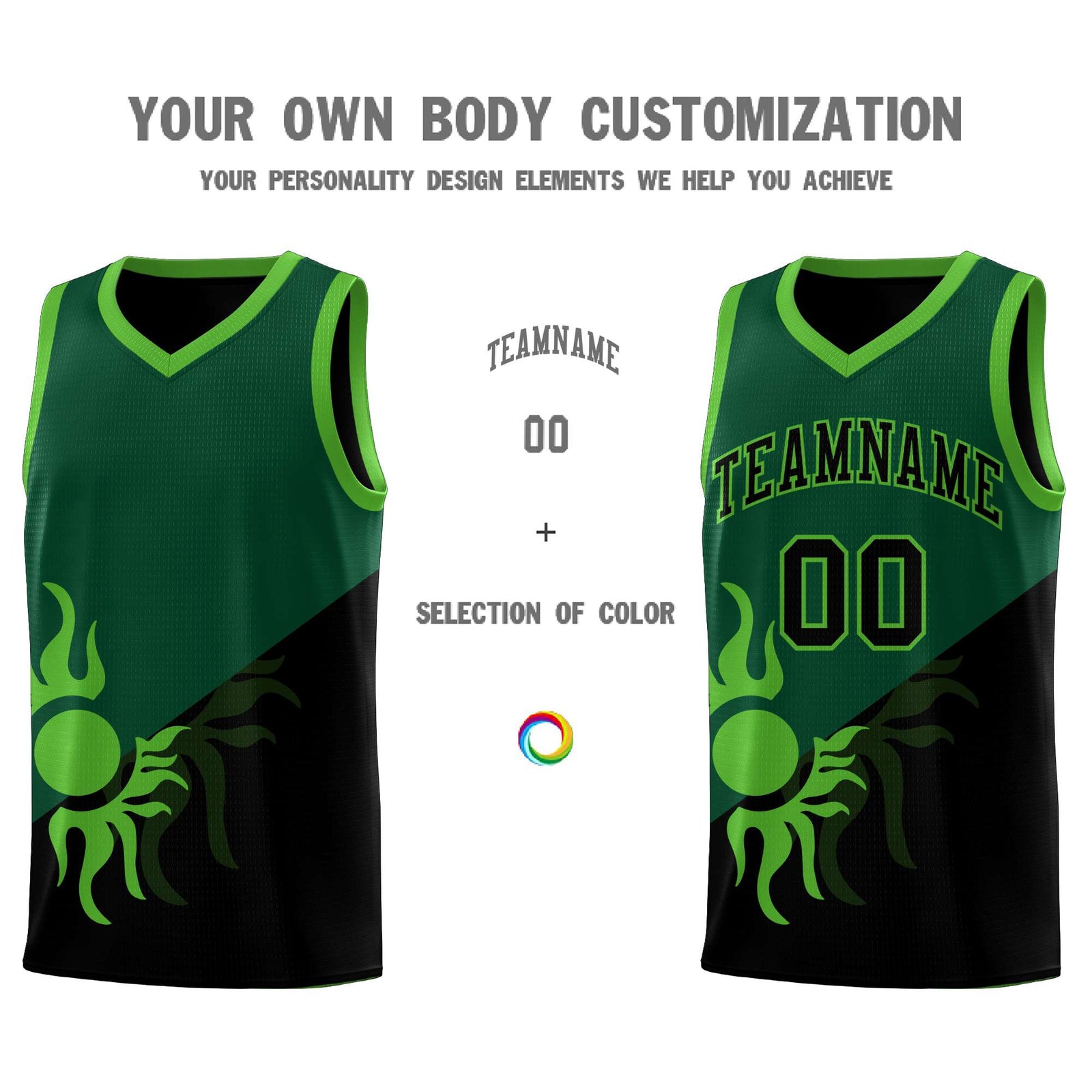 Custom Youth Basketball Jerseys - Kelly Green Black Radiant Sun Design Two Tone Uniforms