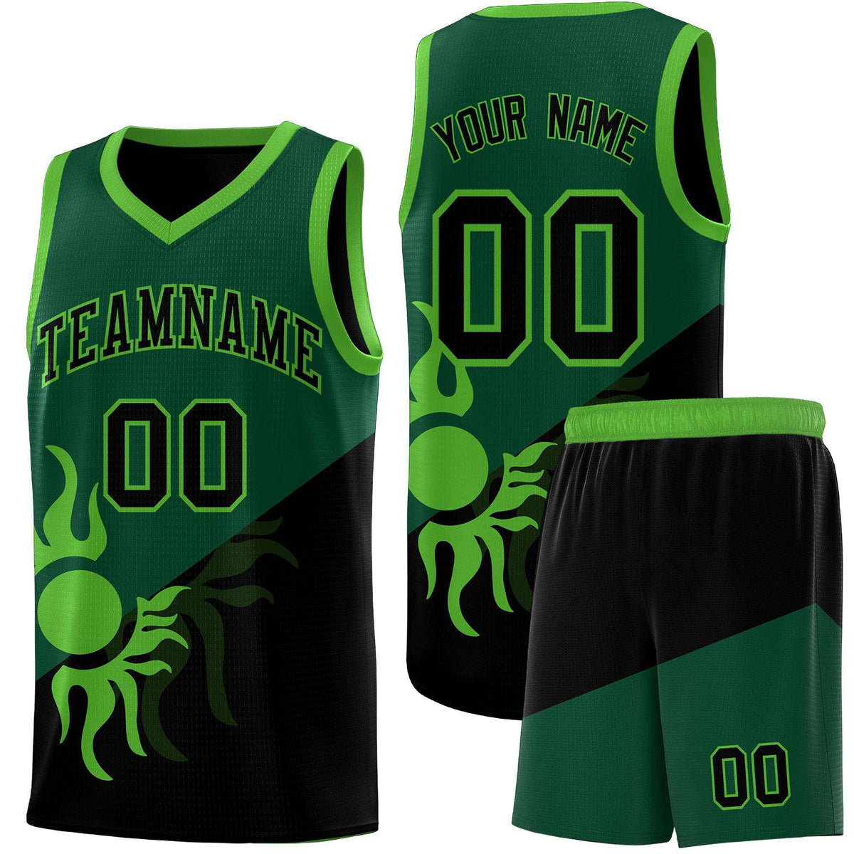 Custom Youth Basketball Jerseys - Kelly Green Black Radiant Sun Design Two Tone Uniforms