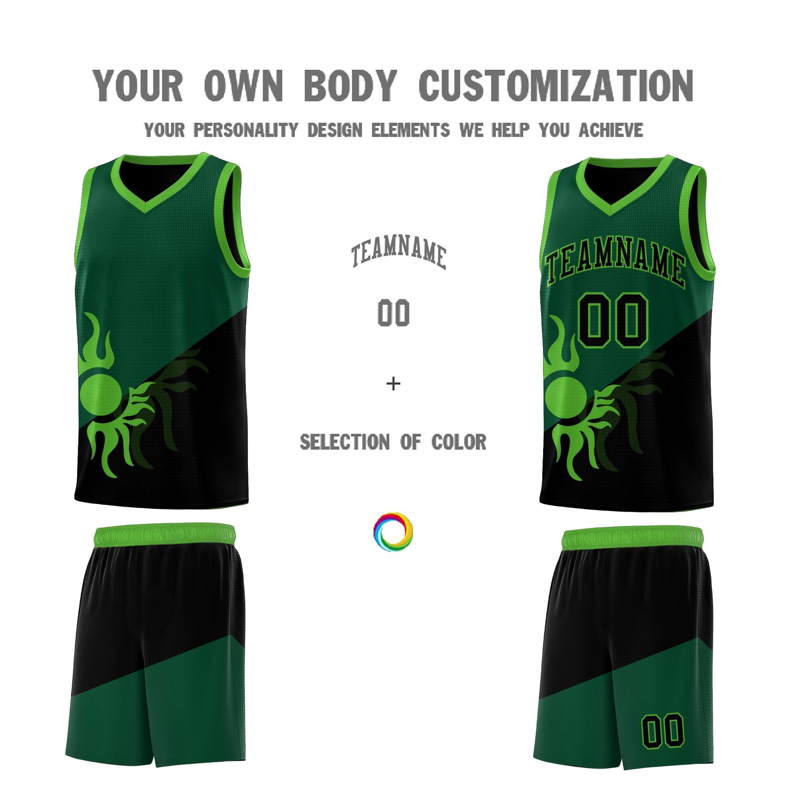 Custom Youth Basketball Jerseys - Kelly Green Black Radiant Sun Design Two Tone Uniforms