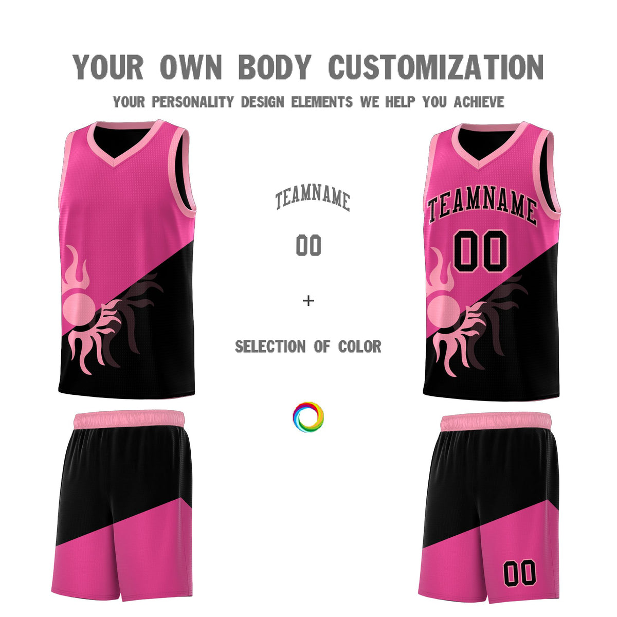 Custom Youth Basketball Jerseys - Rose Red Black Radiant Sun Design Two Tone Uniforms