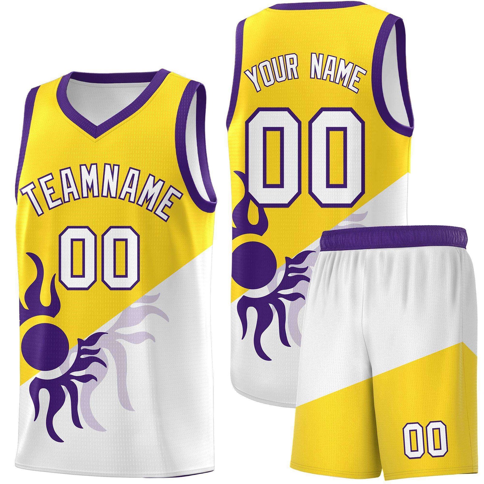 Custom Youth Basketball Jerseys - Gold White Radiant Sun Design Two Tone Uniforms