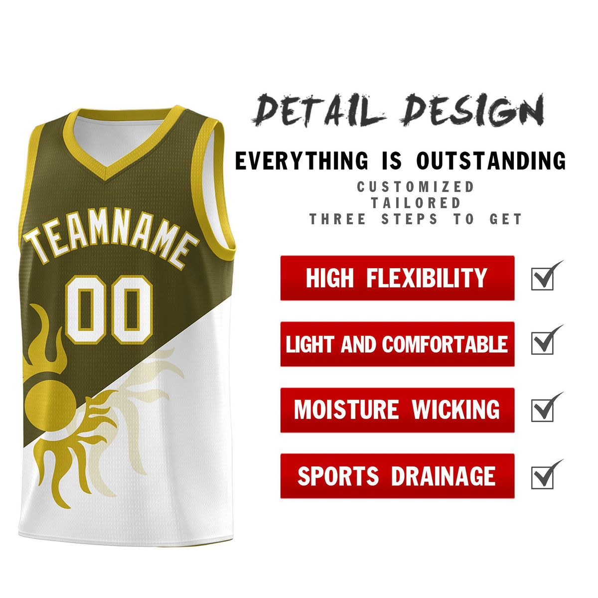 Custom Youth Basketball Jerseys - Olive White Sunburst Design Two Tone Uniforms