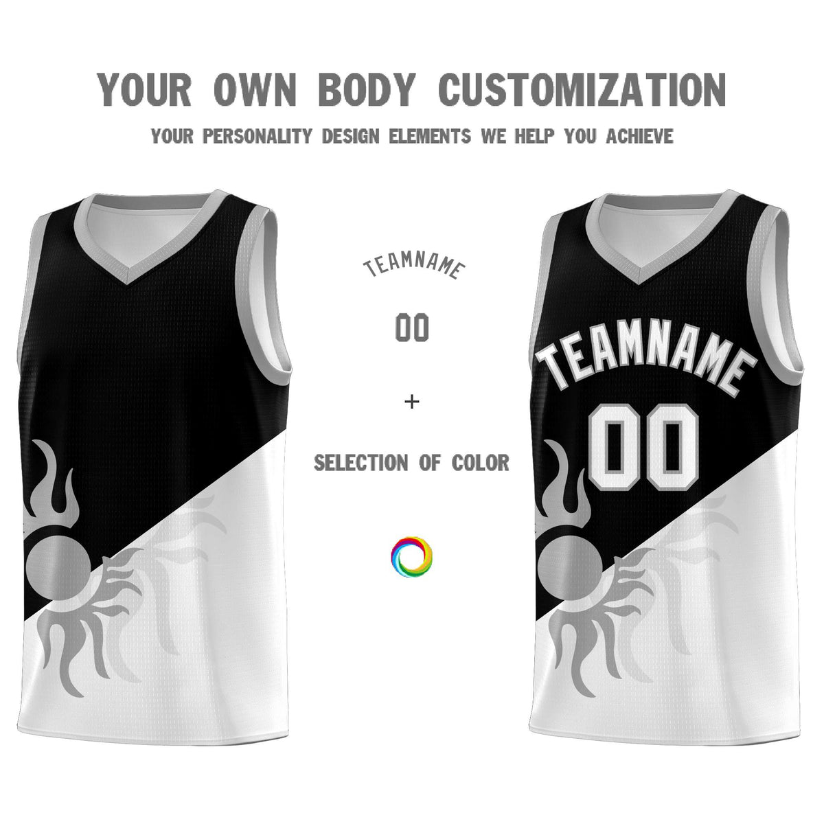 Custom Youth Basketball Jerseys - Black White Radiant Sun Design Two Tone Uniforms