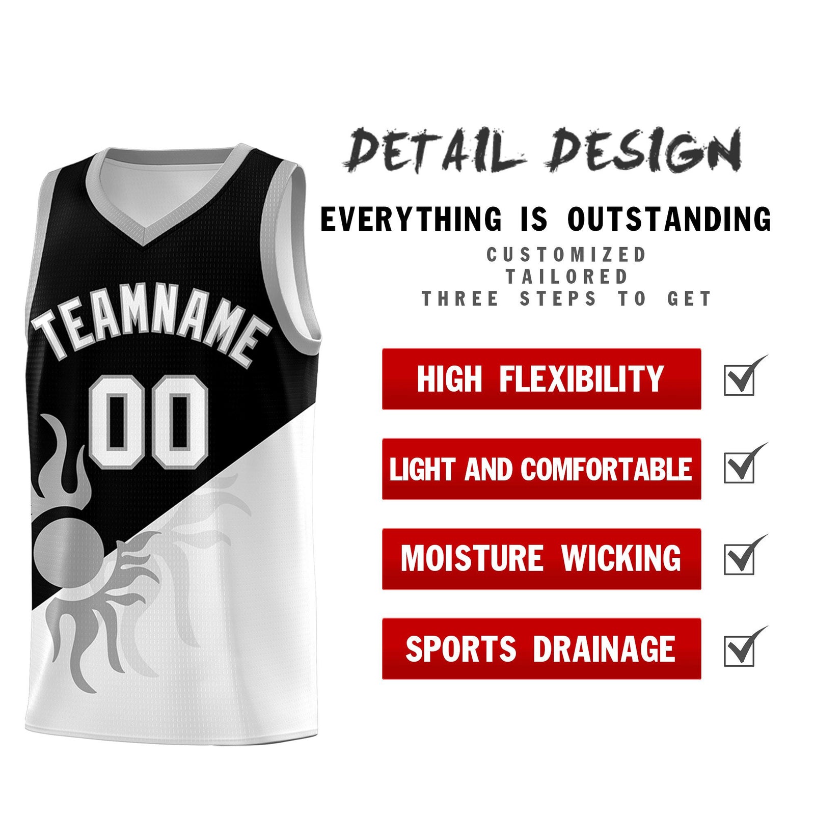 Custom Youth Basketball Jerseys - Black White Radiant Sun Design Two Tone Uniforms