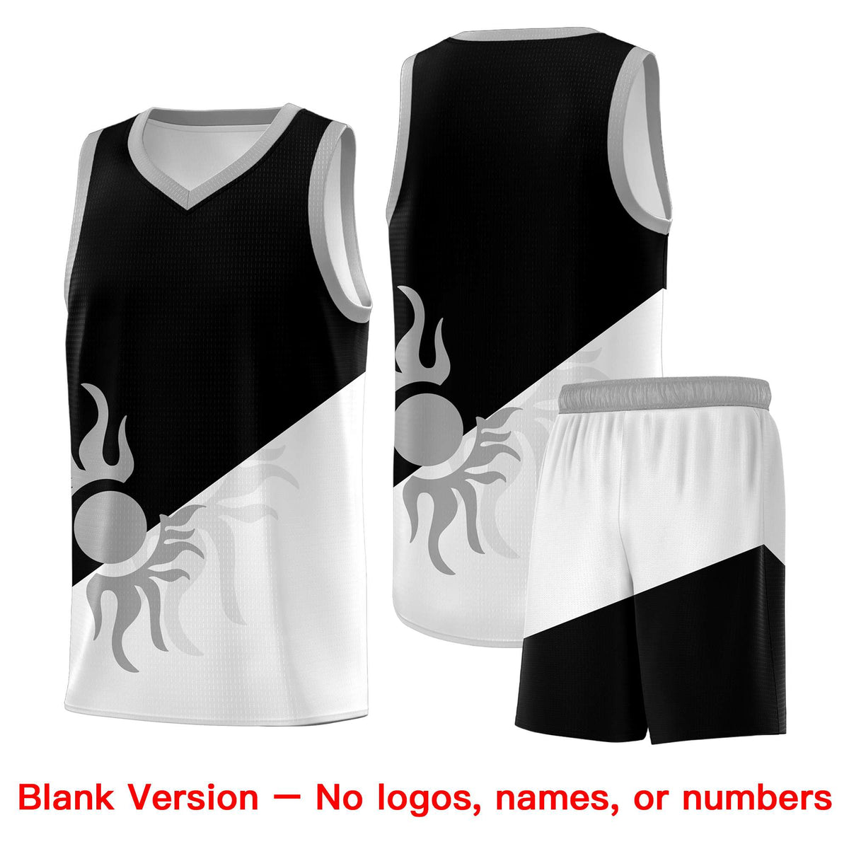 Custom Youth Basketball Jerseys - Black White Radiant Sun Design Two Tone Uniforms