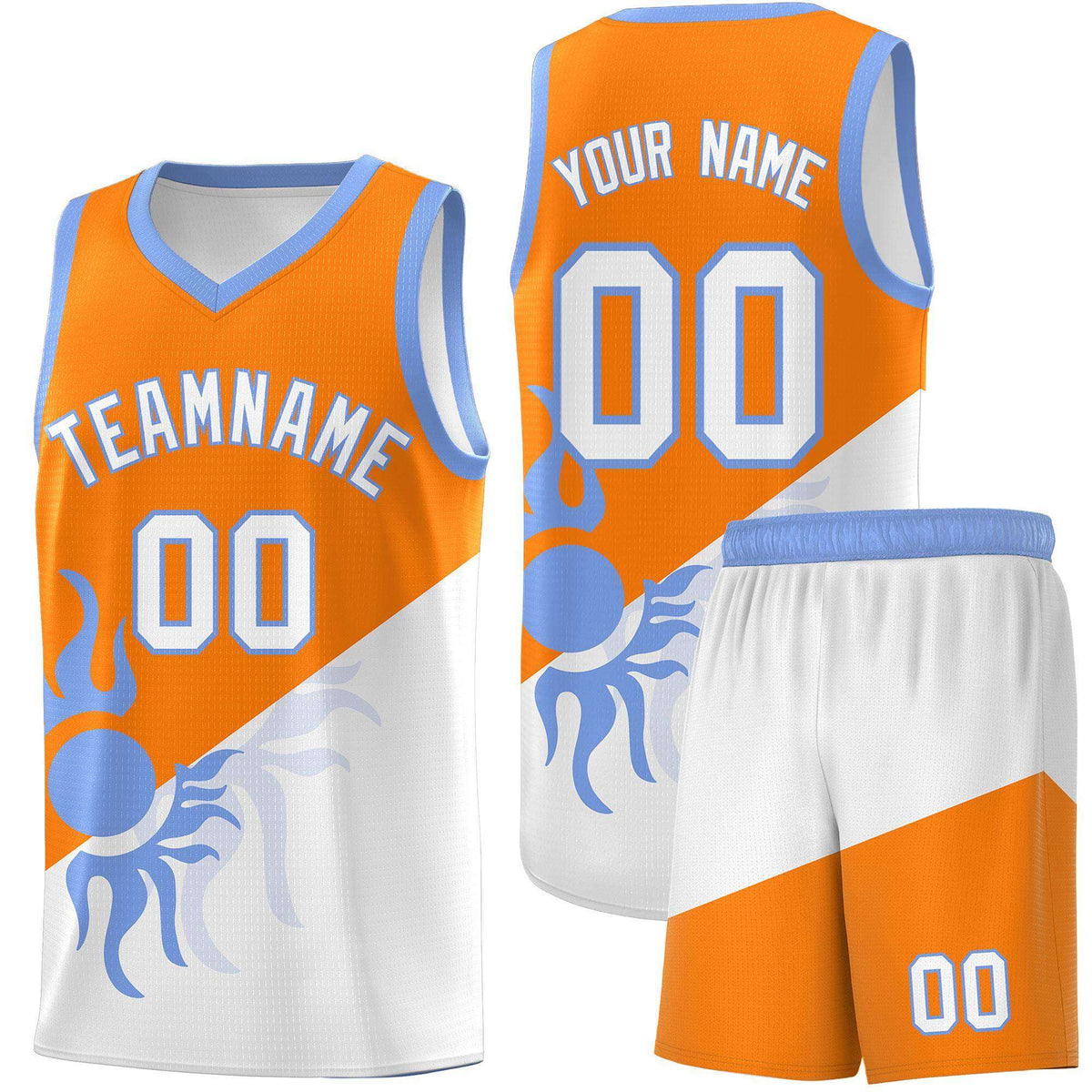 Custom Youth Basketball Jerseys - Orange White Radiant Sun Design Two Tone Uniforms