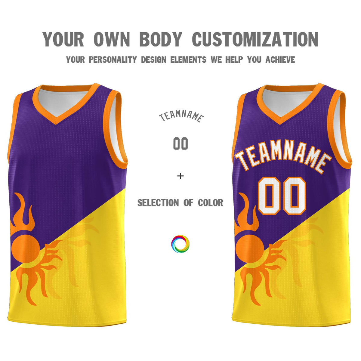 Custom Youth Basketball Jerseys - Purple Gold Radiant Sun Design Two Tone Uniforms