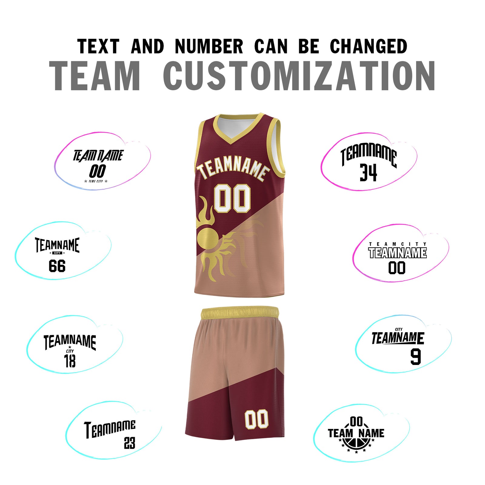 Custom Youth Basketball Jerseys - Maroon Coffee Radiant Sun Design Two Tone Uniforms
