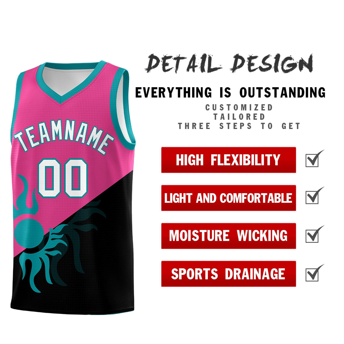 Custom Youth Basketball Jerseys - Rose Red Black Sunburst Design Two Tone Uniforms