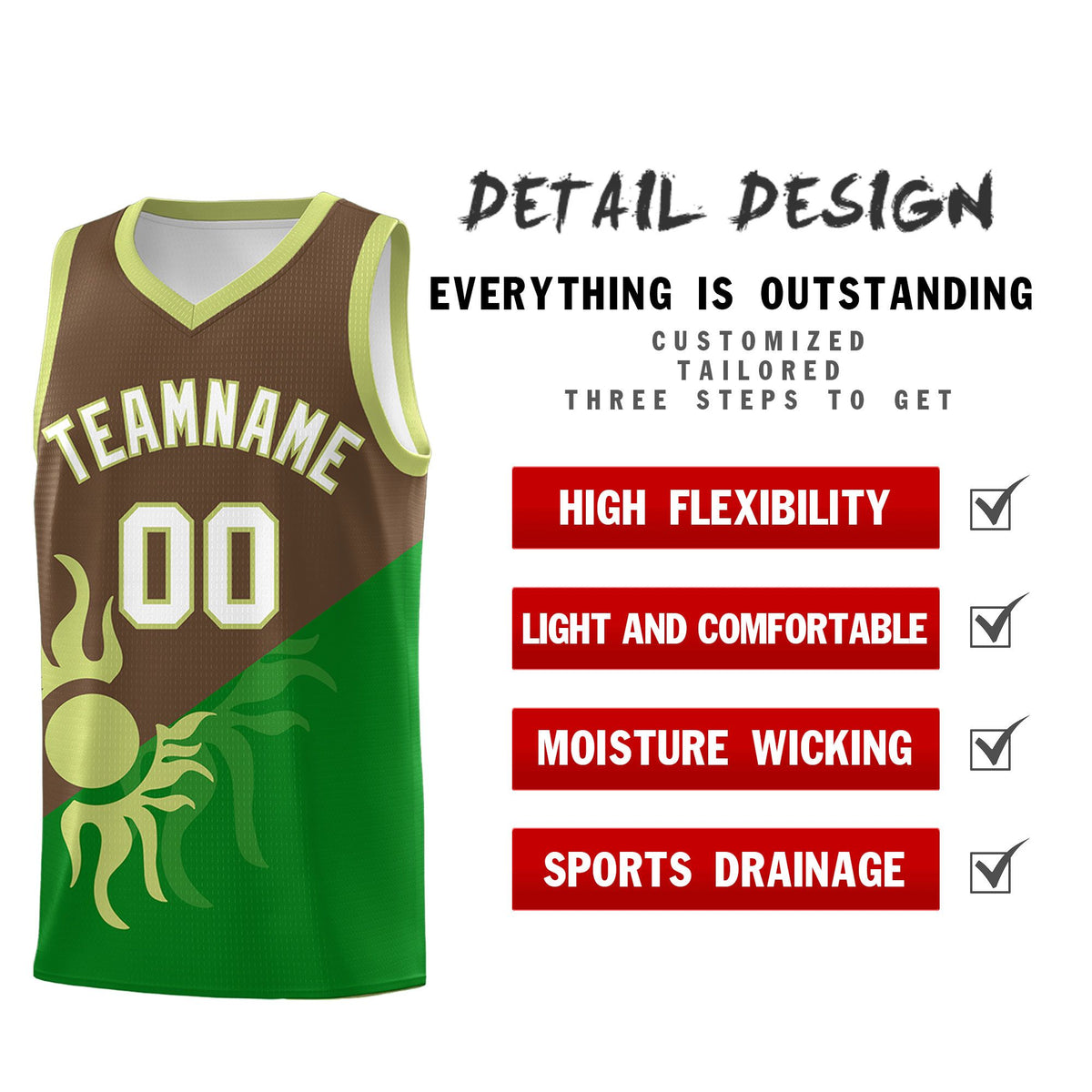 Custom Youth Basketball Jerseys - Kelly Green Light Brown Sunburst Design Two Tone Uniforms