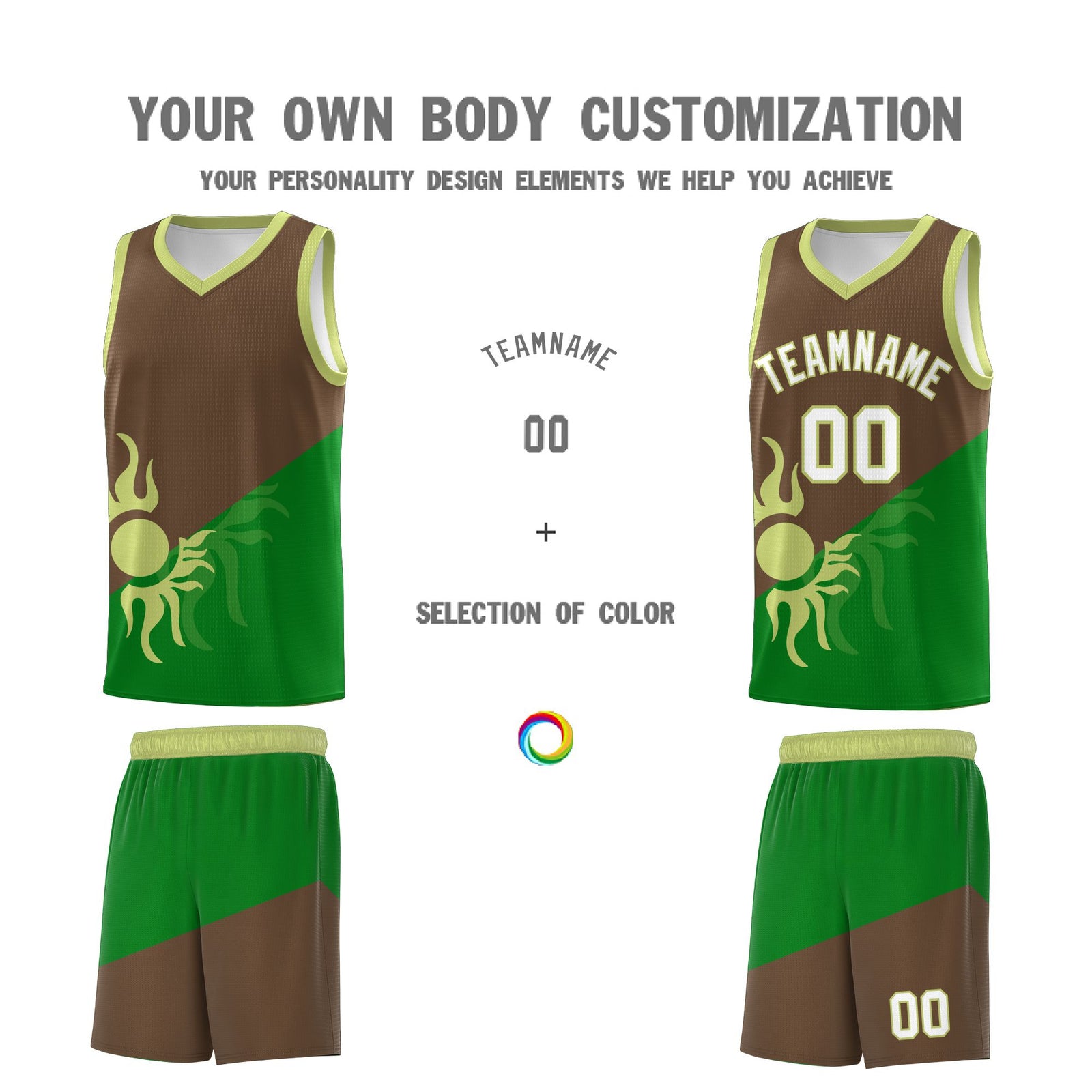Custom Youth Basketball Jerseys - Kelly Green Light Brown Sunburst Design Two Tone Uniforms