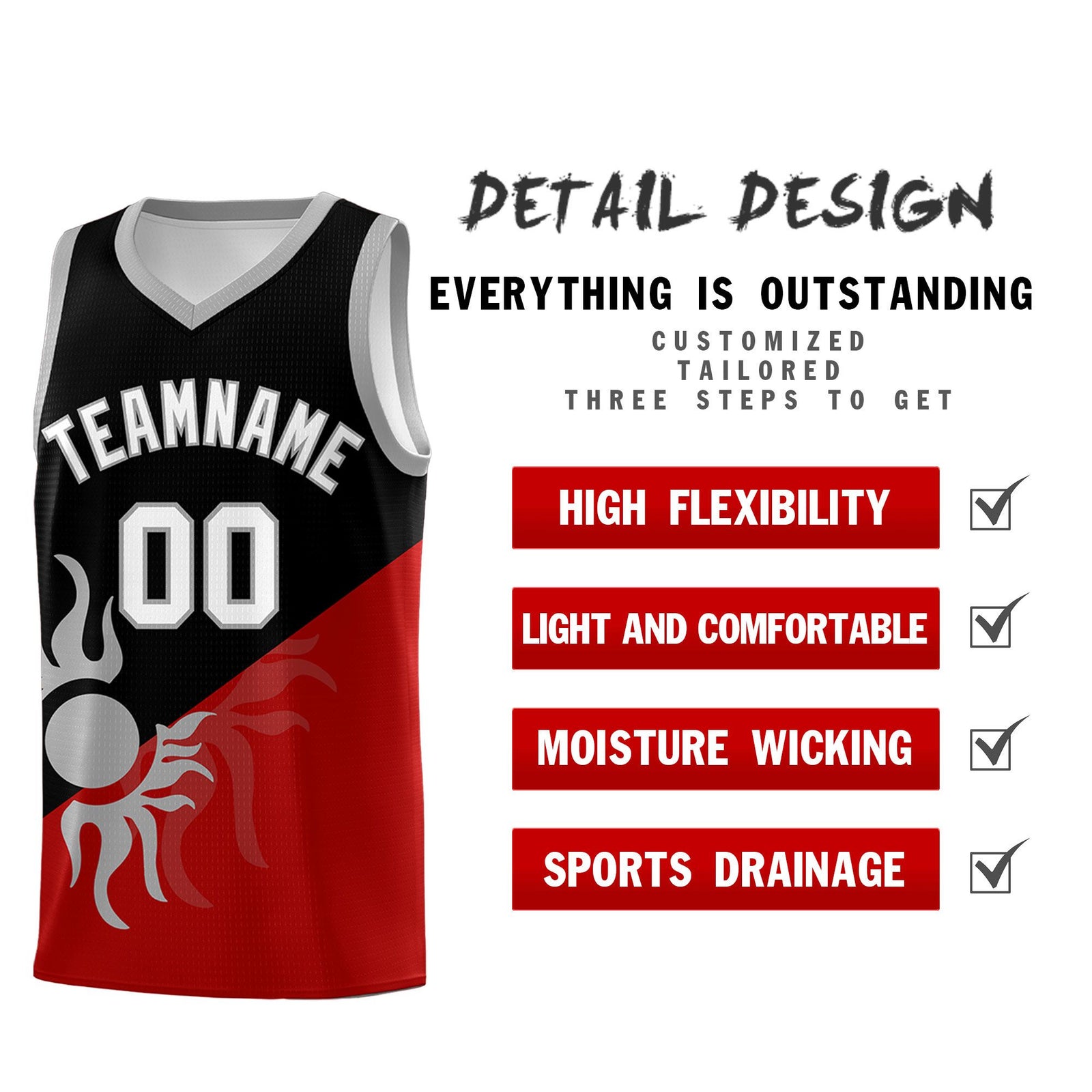 Custom Youth Basketball Jerseys - Black Red Sunburst Design Two Tone Uniforms