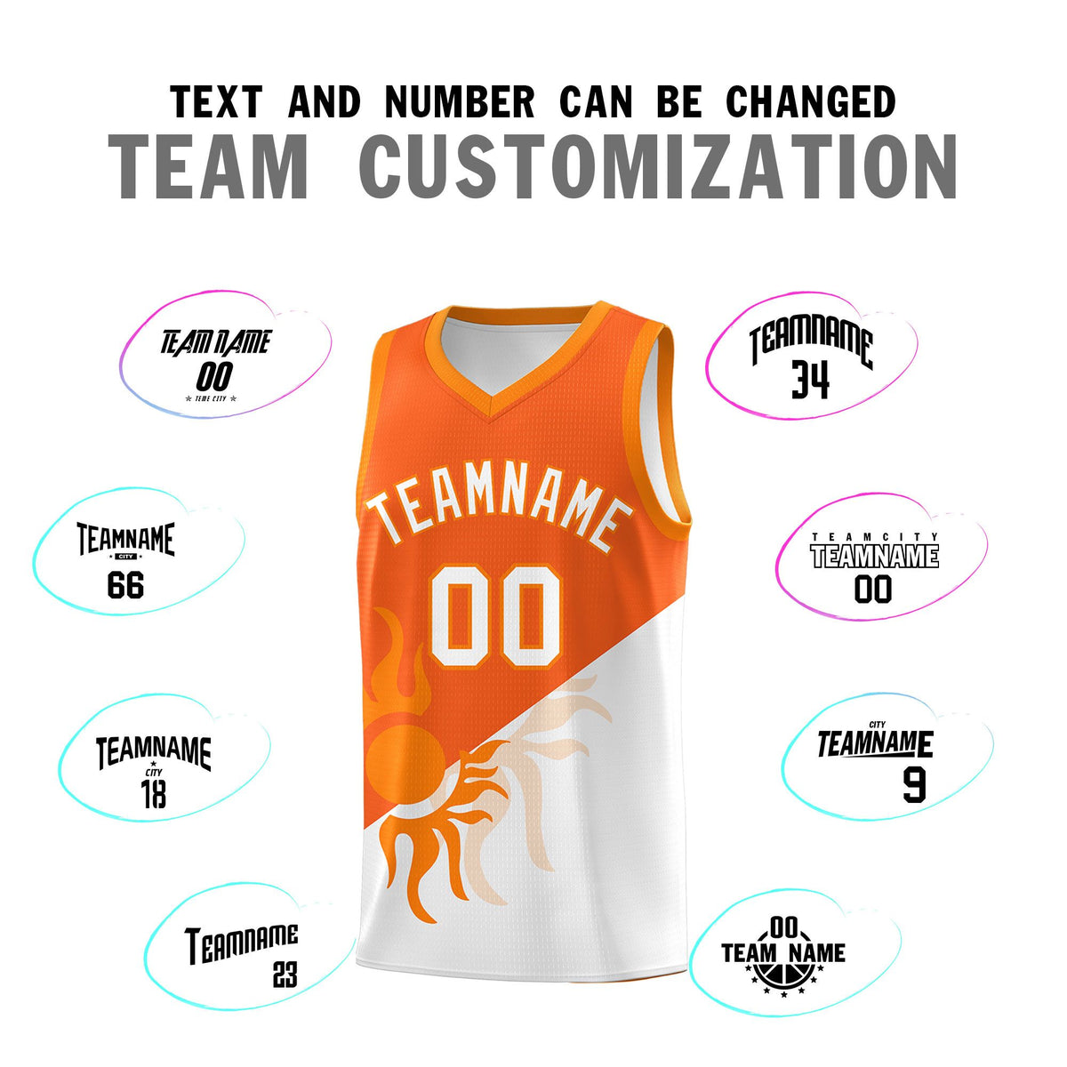 Custom Youth Basketball Jerseys - Orange White Radiant Sun Design Two Tone Uniforms