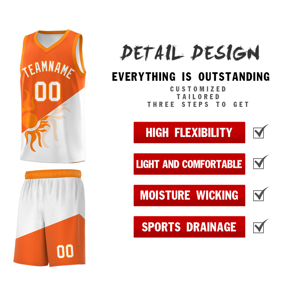 Custom Youth Basketball Jerseys - Orange White Radiant Sun Design Two Tone Uniforms