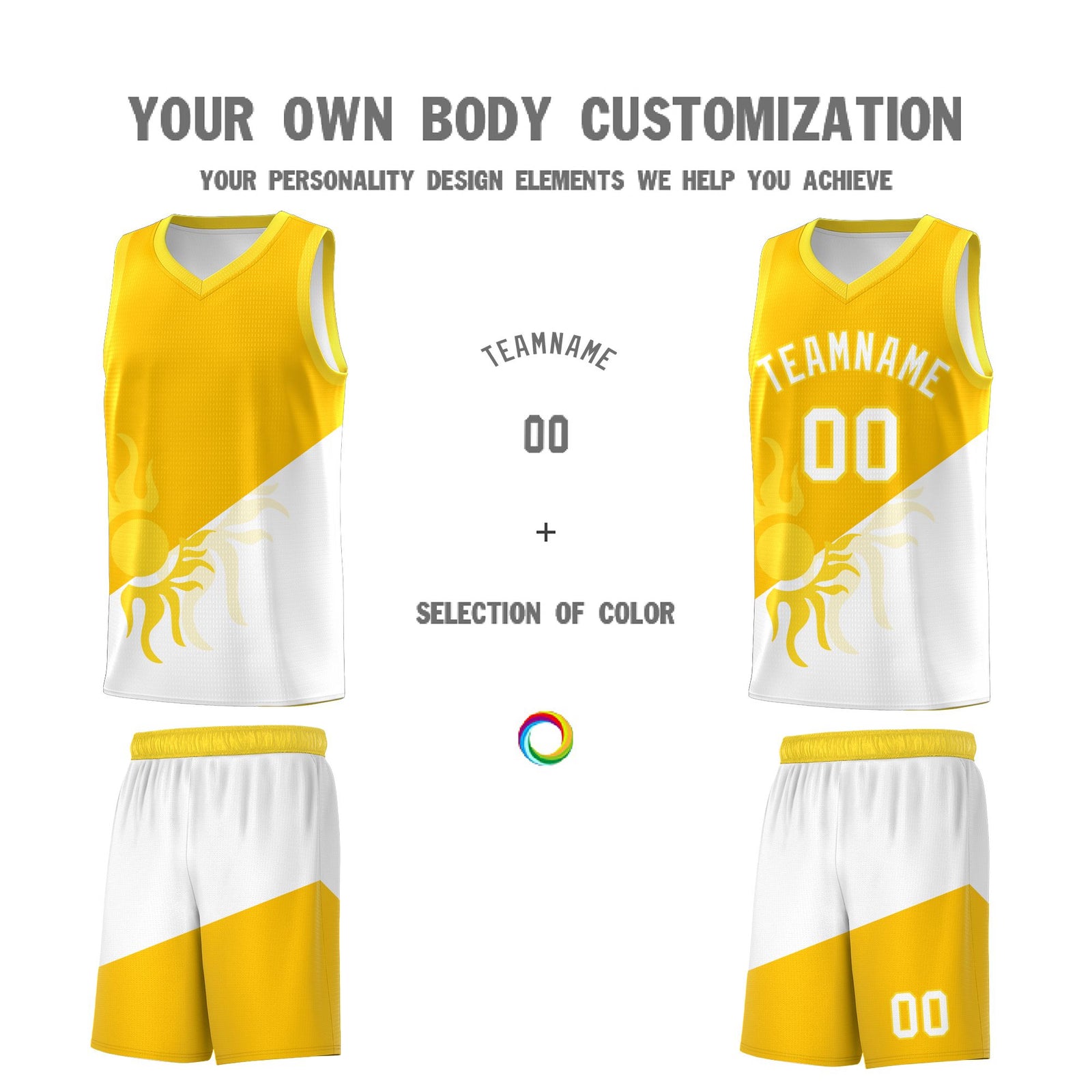 Custom Youth Basketball Jerseys - Yellow White Sunburst Design Two Tone Uniforms
