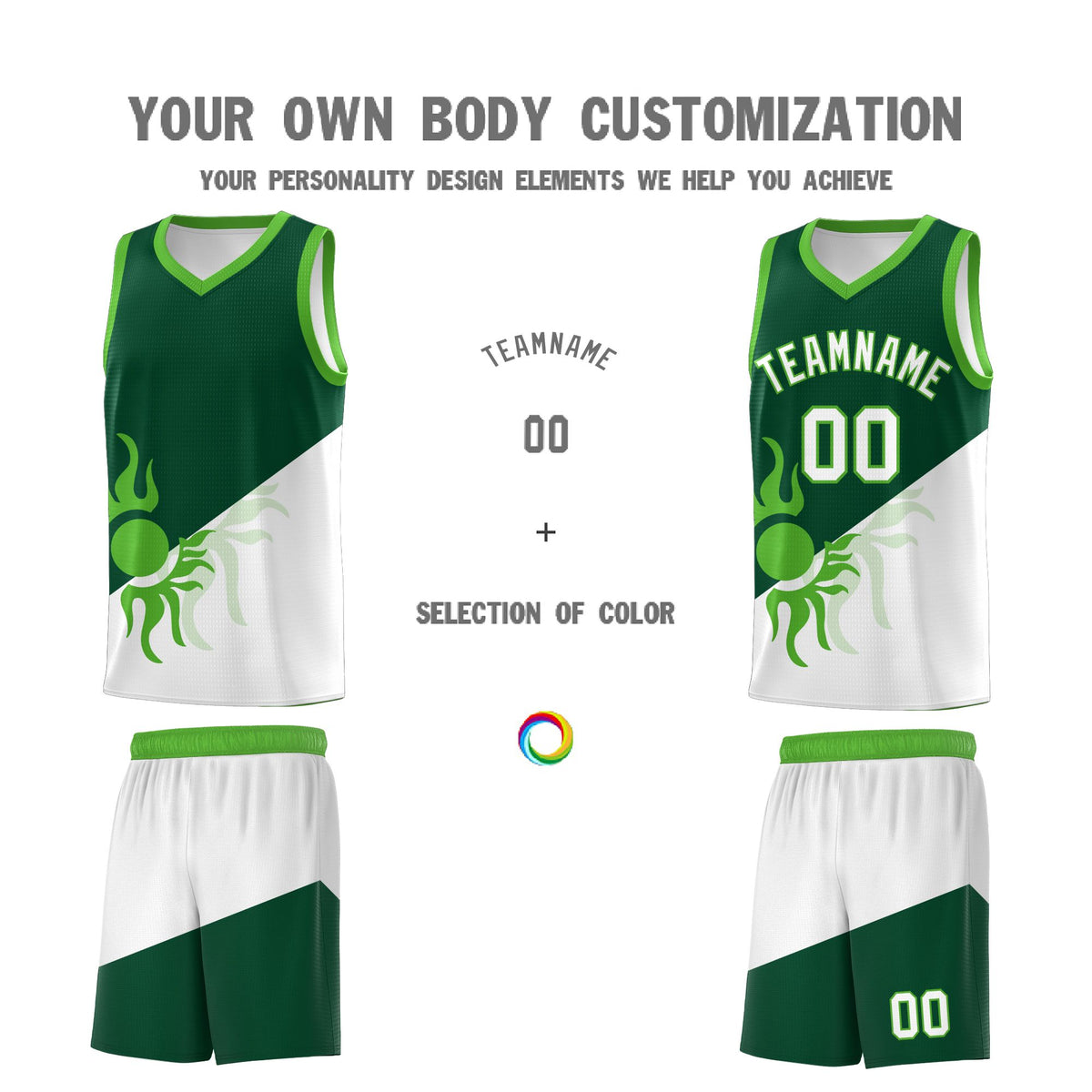 Custom Youth Basketball Jerseys - Kelly Green White Radiant Sun Design Two Tone Uniforms