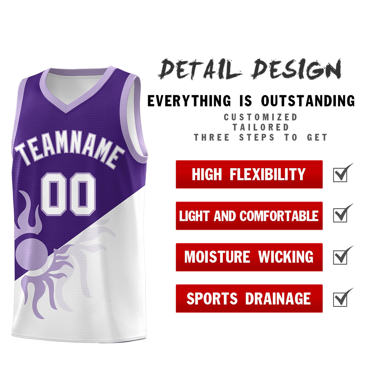Custom Youth Basketball Jerseys - Purple White Sunburst Design Two Tone Uniforms
