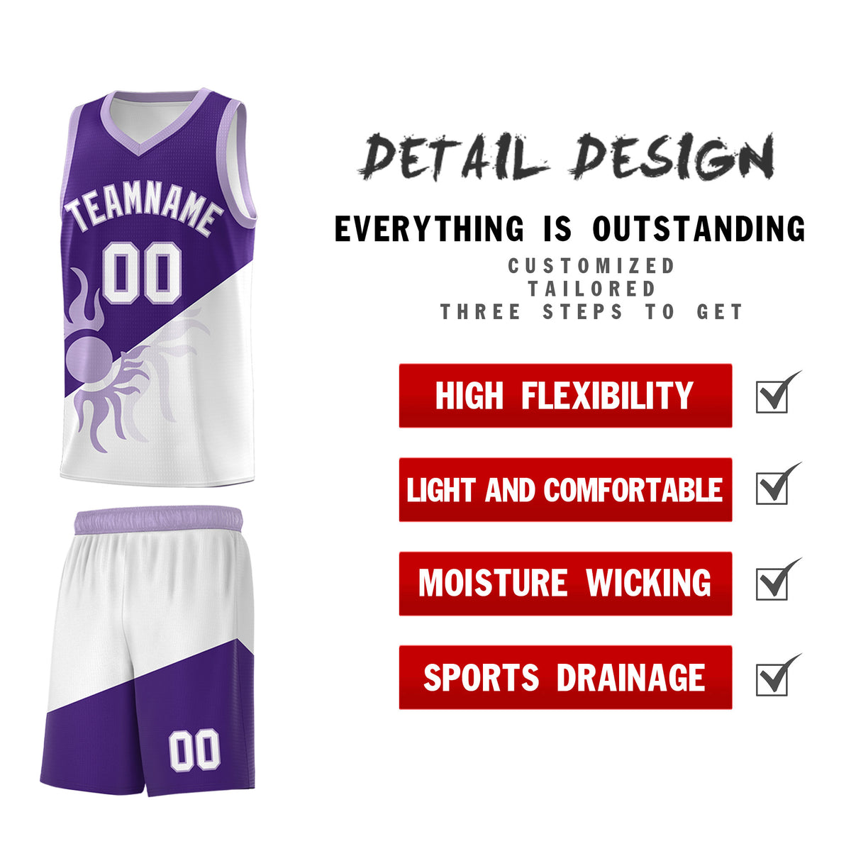 Custom Youth Basketball Jerseys - Purple White Sunburst Design Two Tone Uniforms